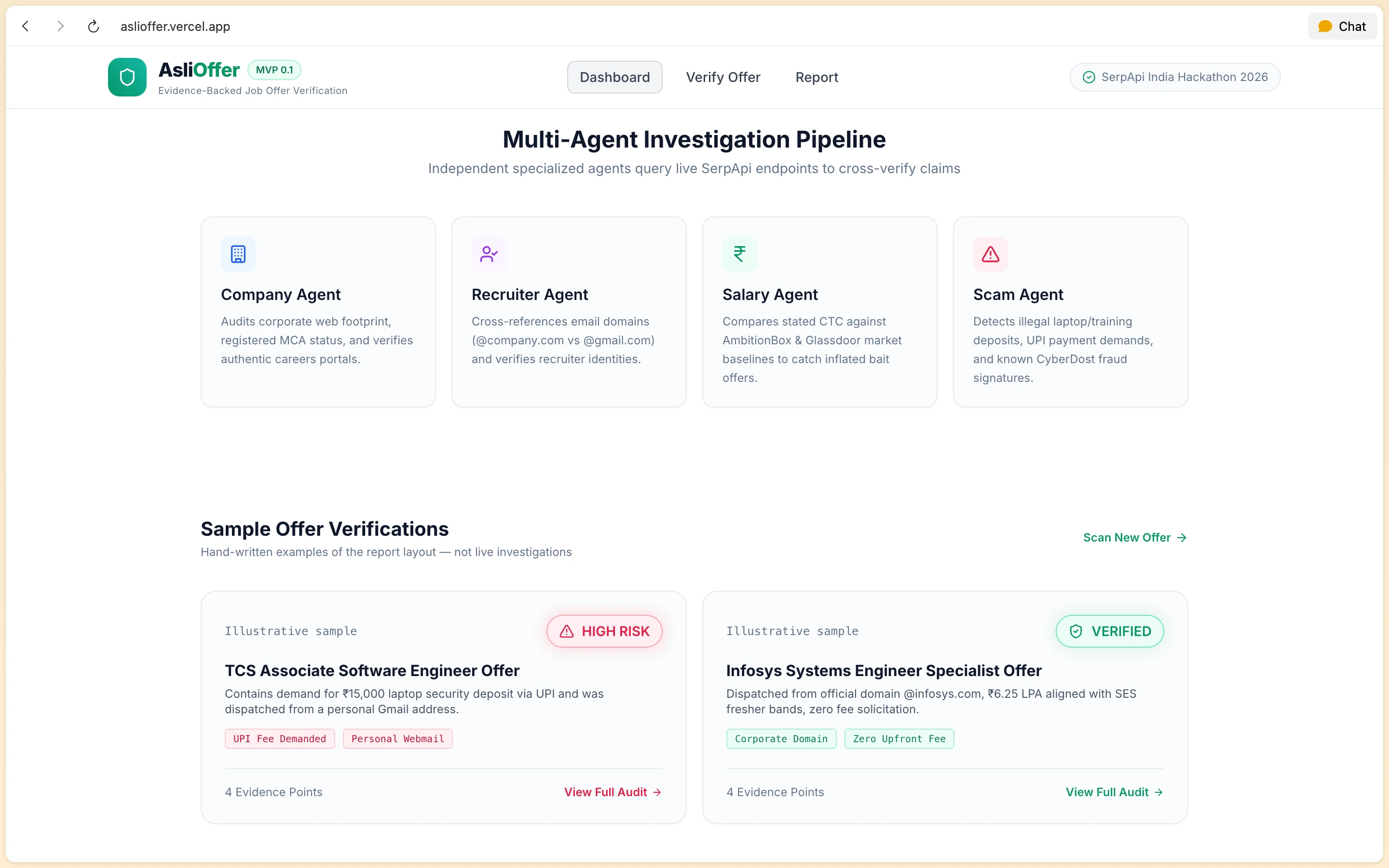 AsliOffer multi-agent investigation cards for Company, Recruiter, Salary, and Scam detectors