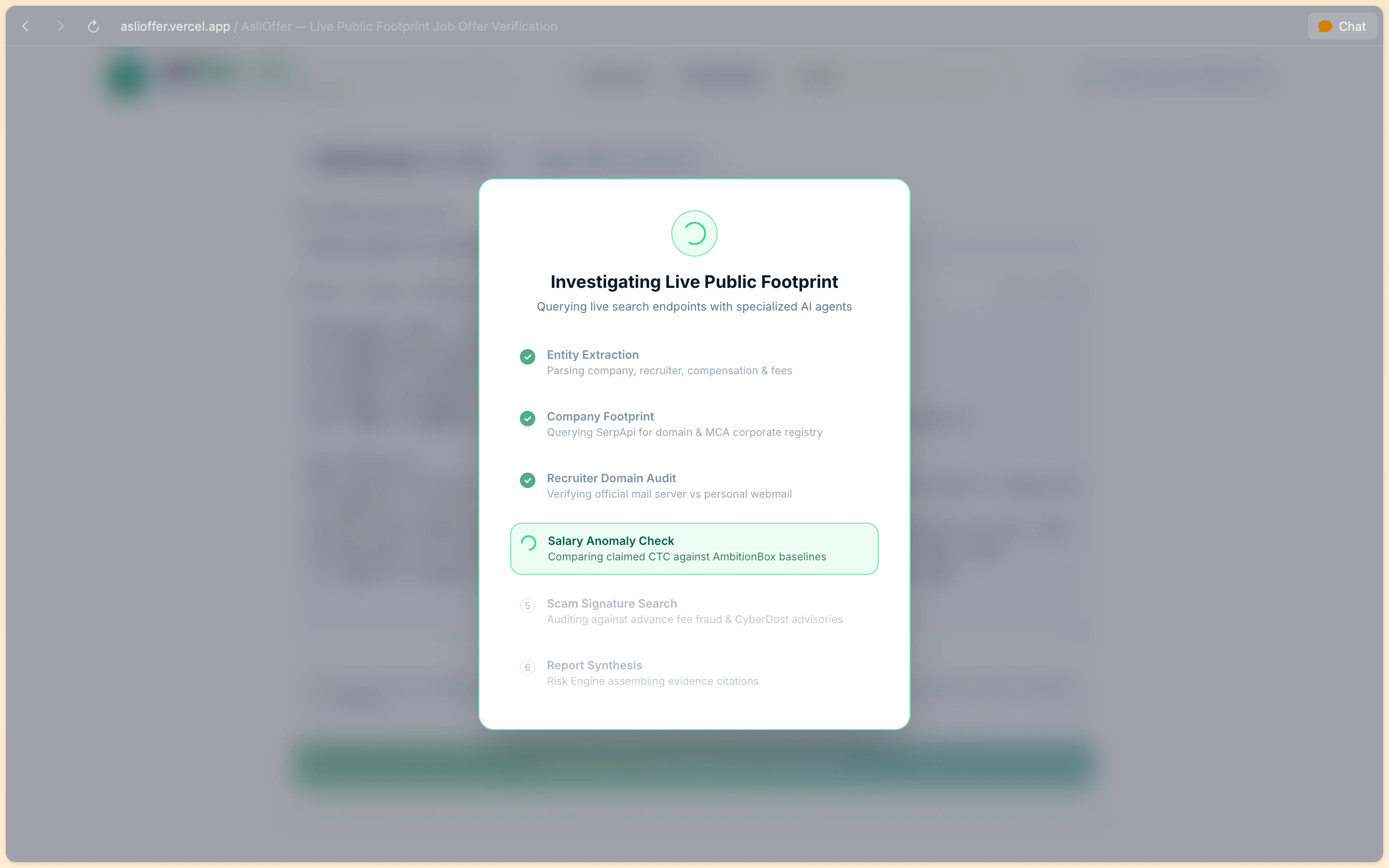 AsliOffer forensic progress checklist tracking company domain verification and salary benchmark checks