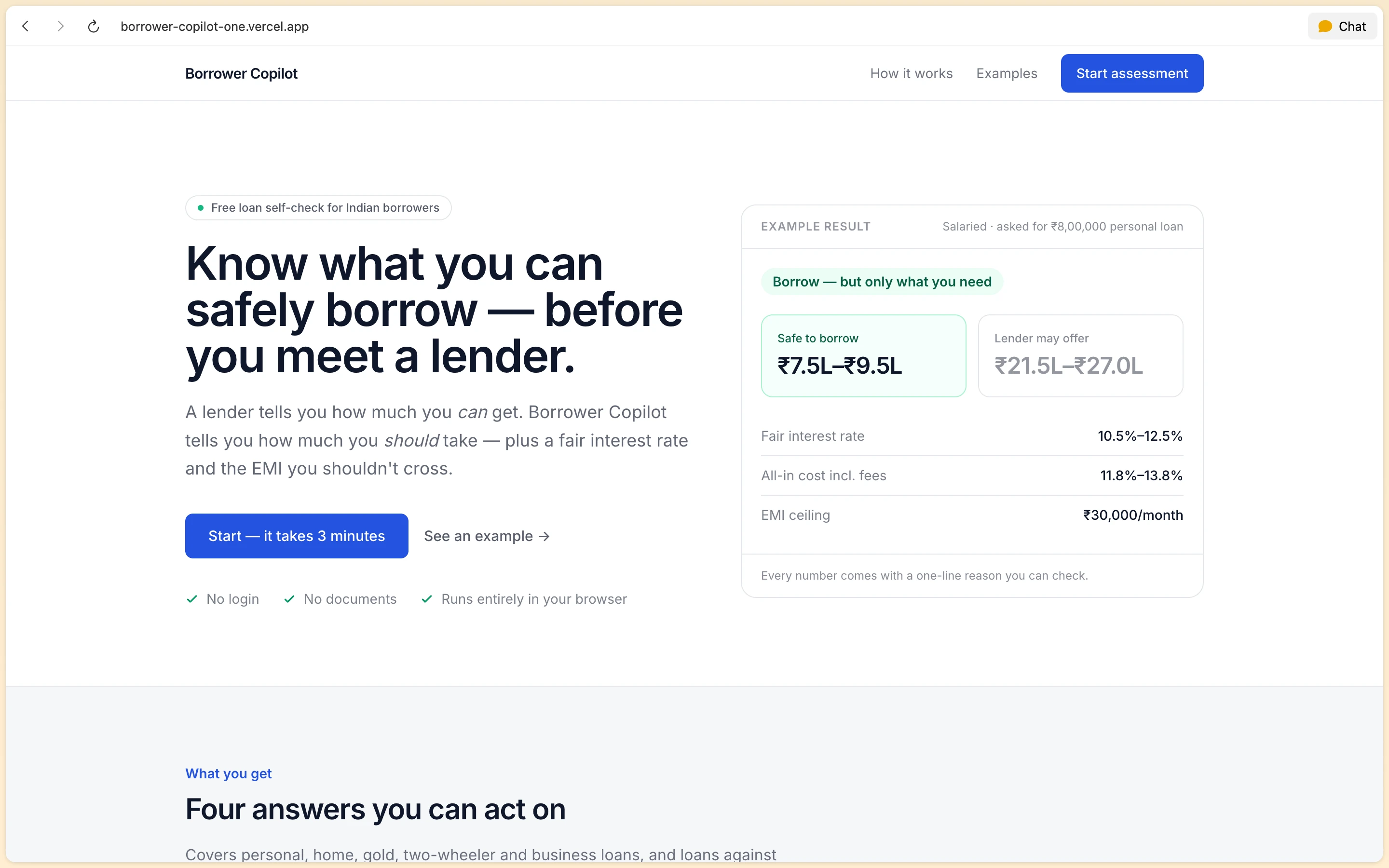 Borrower Copilot browser home page: Know what you can safely borrow headline beside sample result card