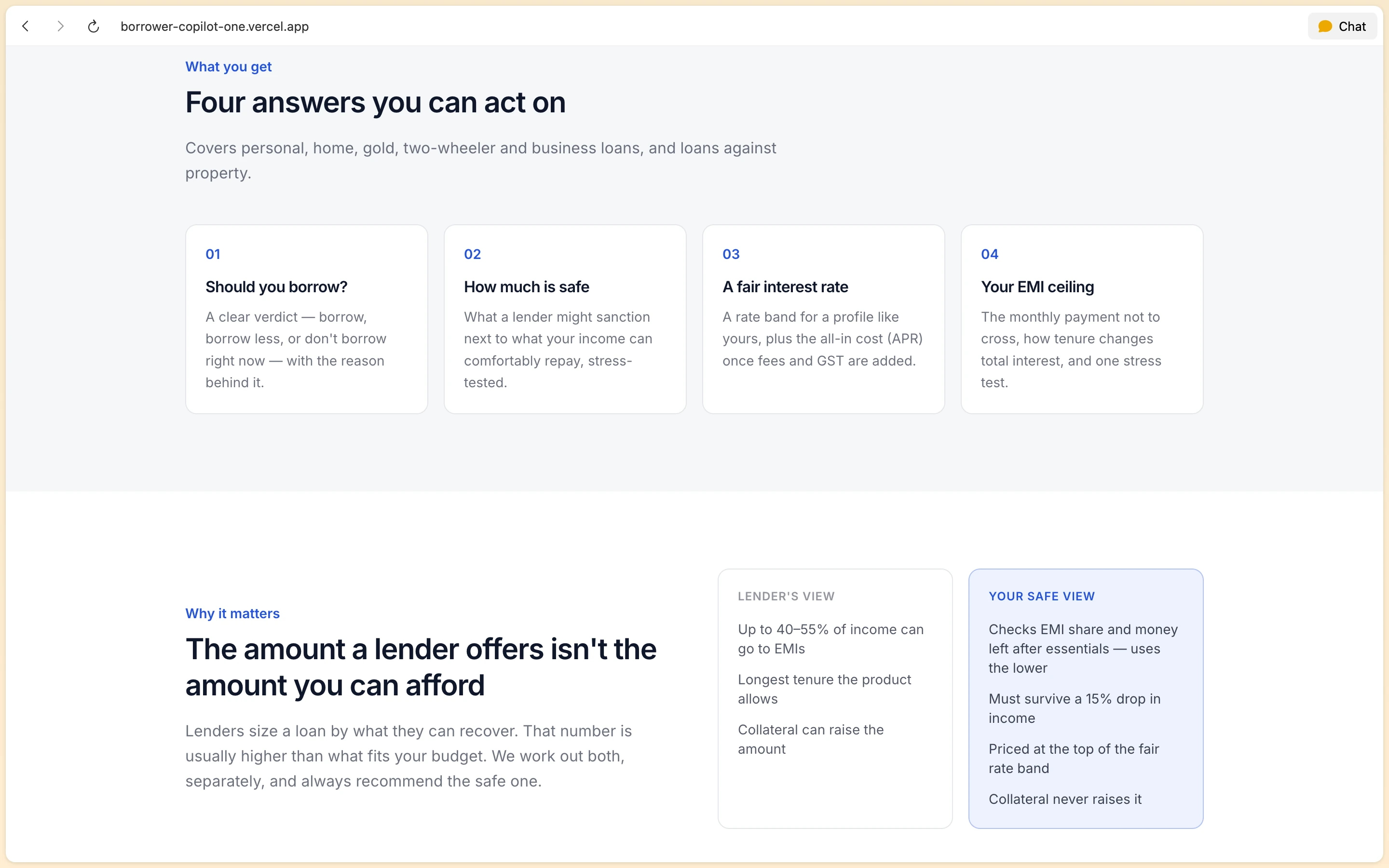 Borrower Copilot Four answers you can act on section comparing lender metrics to safe borrower targets