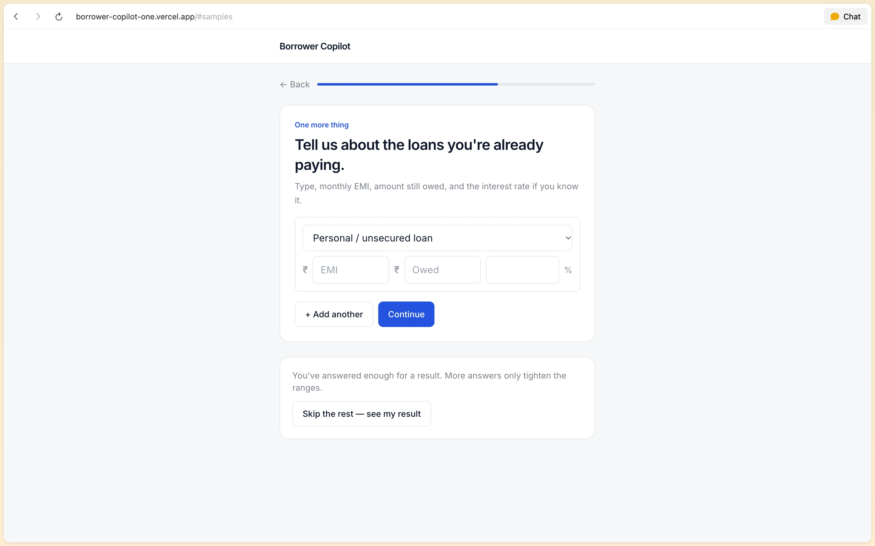 Borrower Copilot questionnaire step collecting existing loan EMI payments and debts