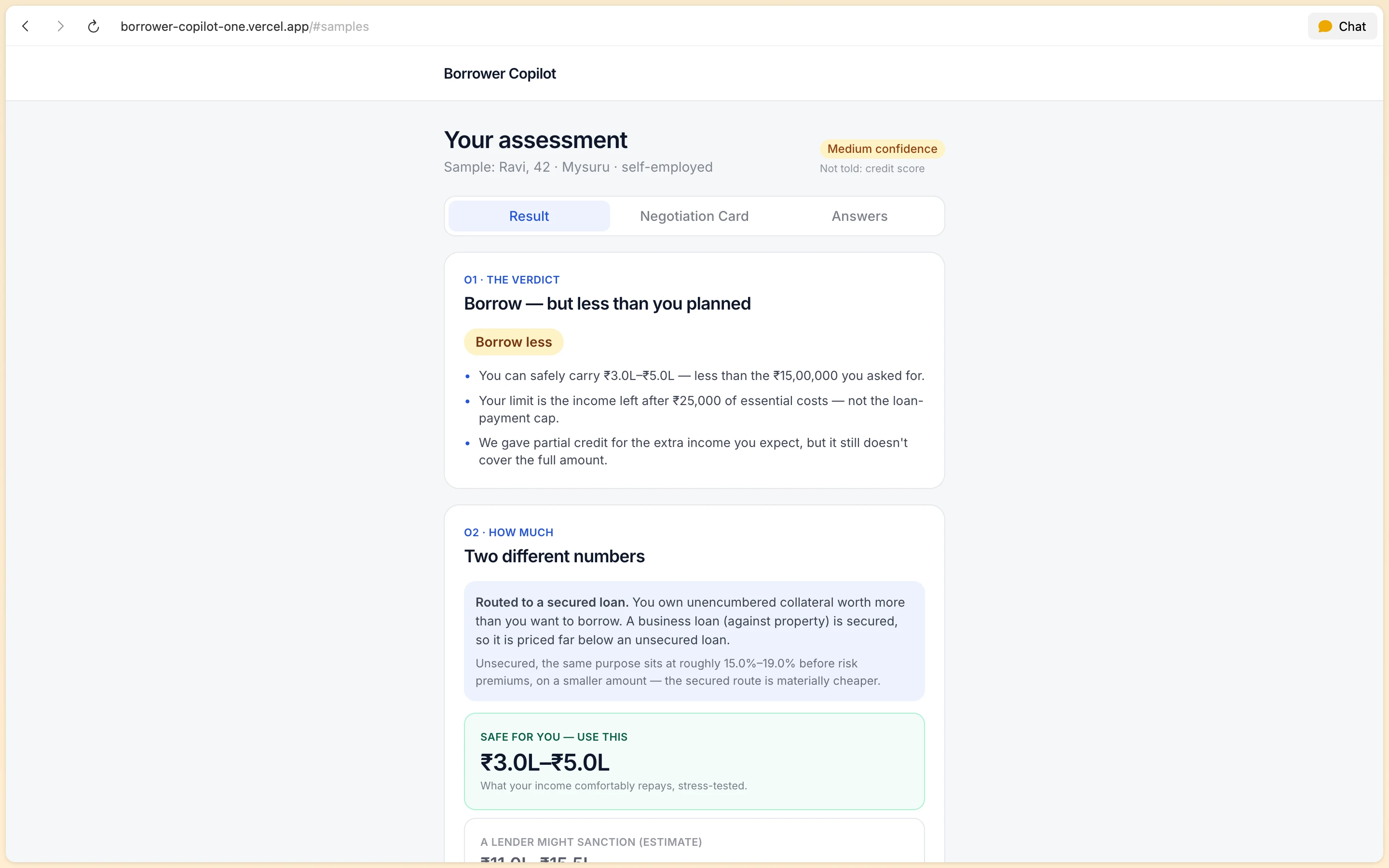 Borrower Copilot verdict for Ravi advising secured loan with safe amount between ₹3.0L and ₹5.0L