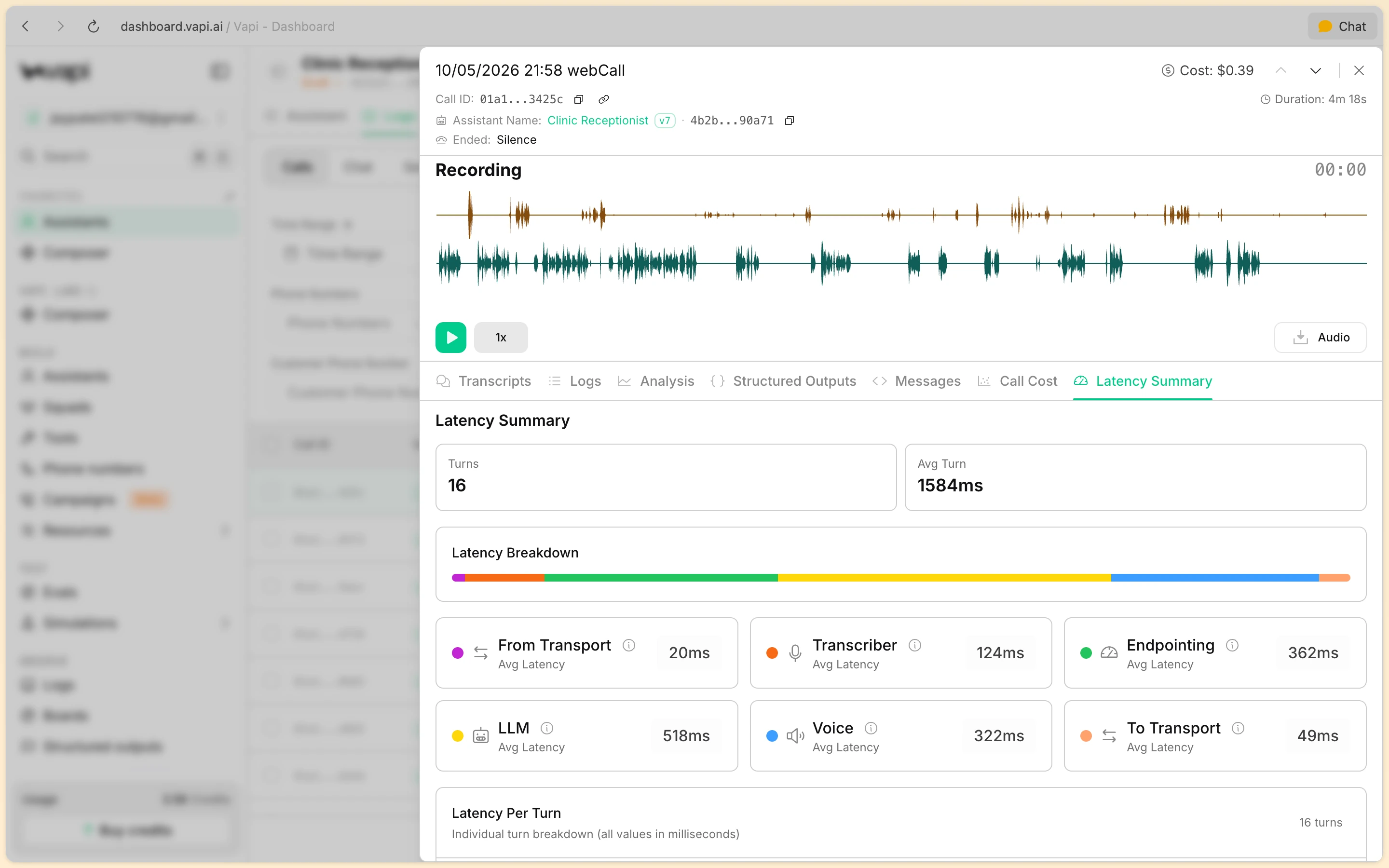 Vapi voice latency breakdown across 16 turns tracking transcriber, LLM, and speech synthesis speed