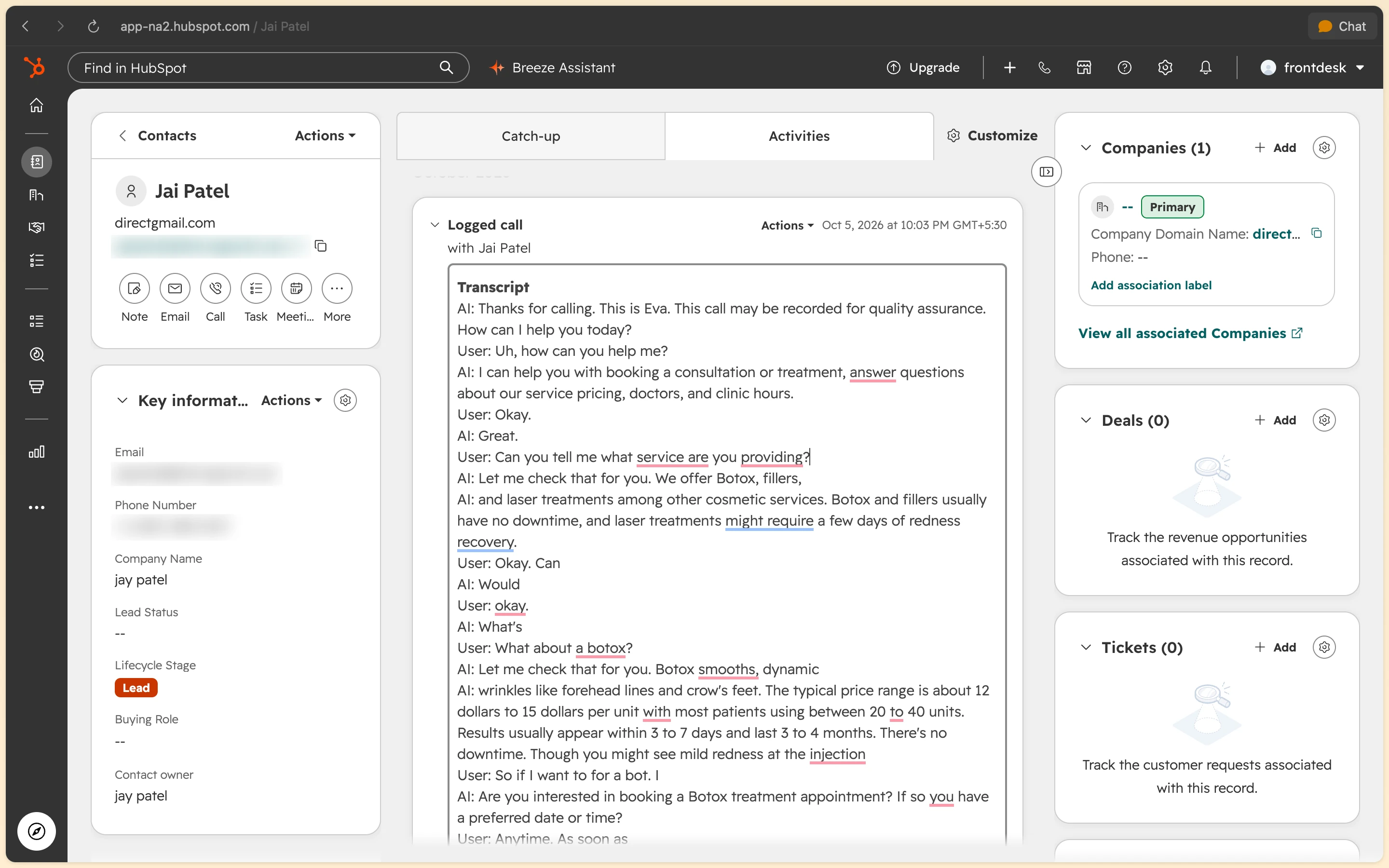HubSpot CRM record showing inbound call activity with synced full conversation transcript