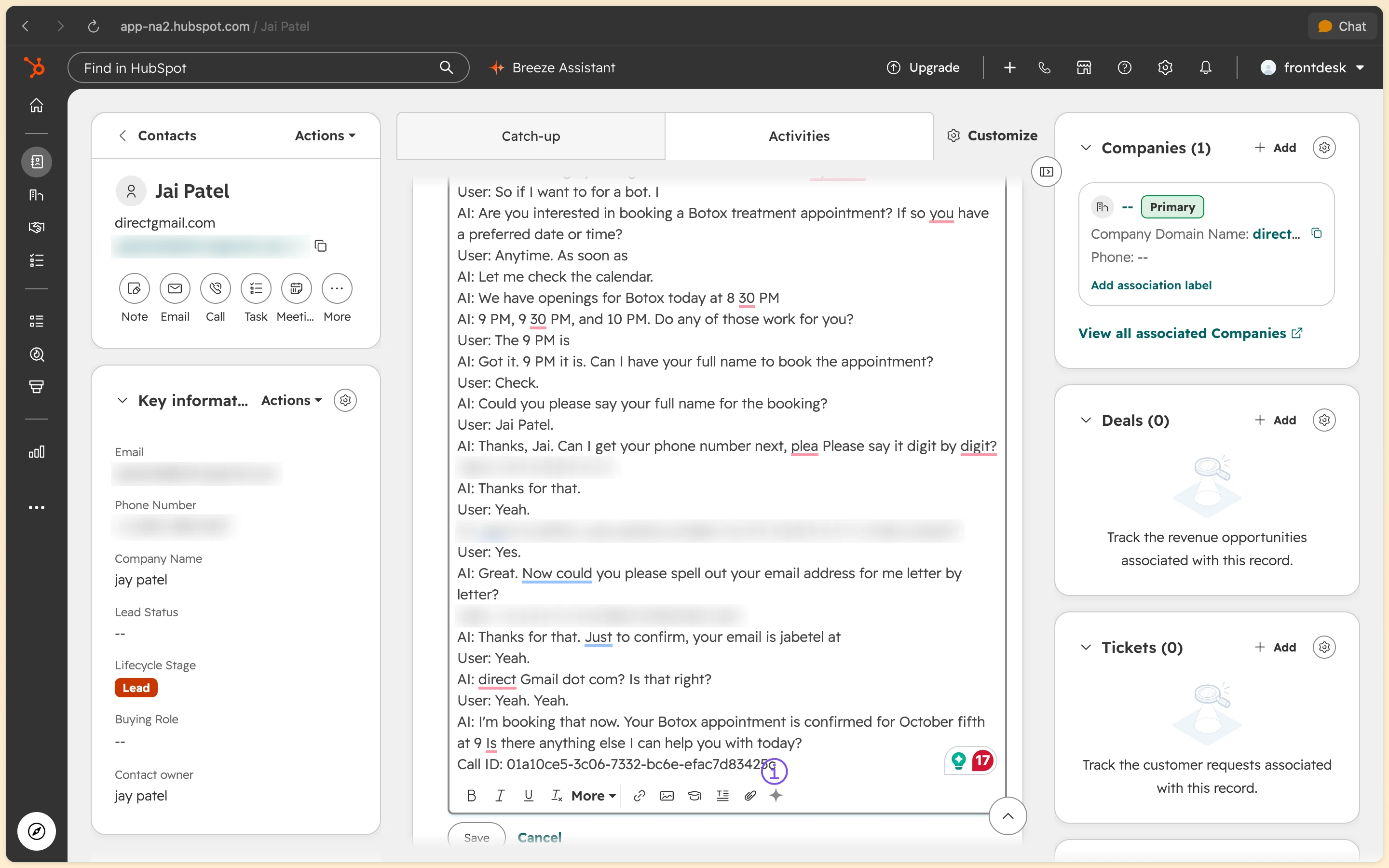 HubSpot logged call dialogue where FrontDesk AI agent negotiates appointment times and secures booking
