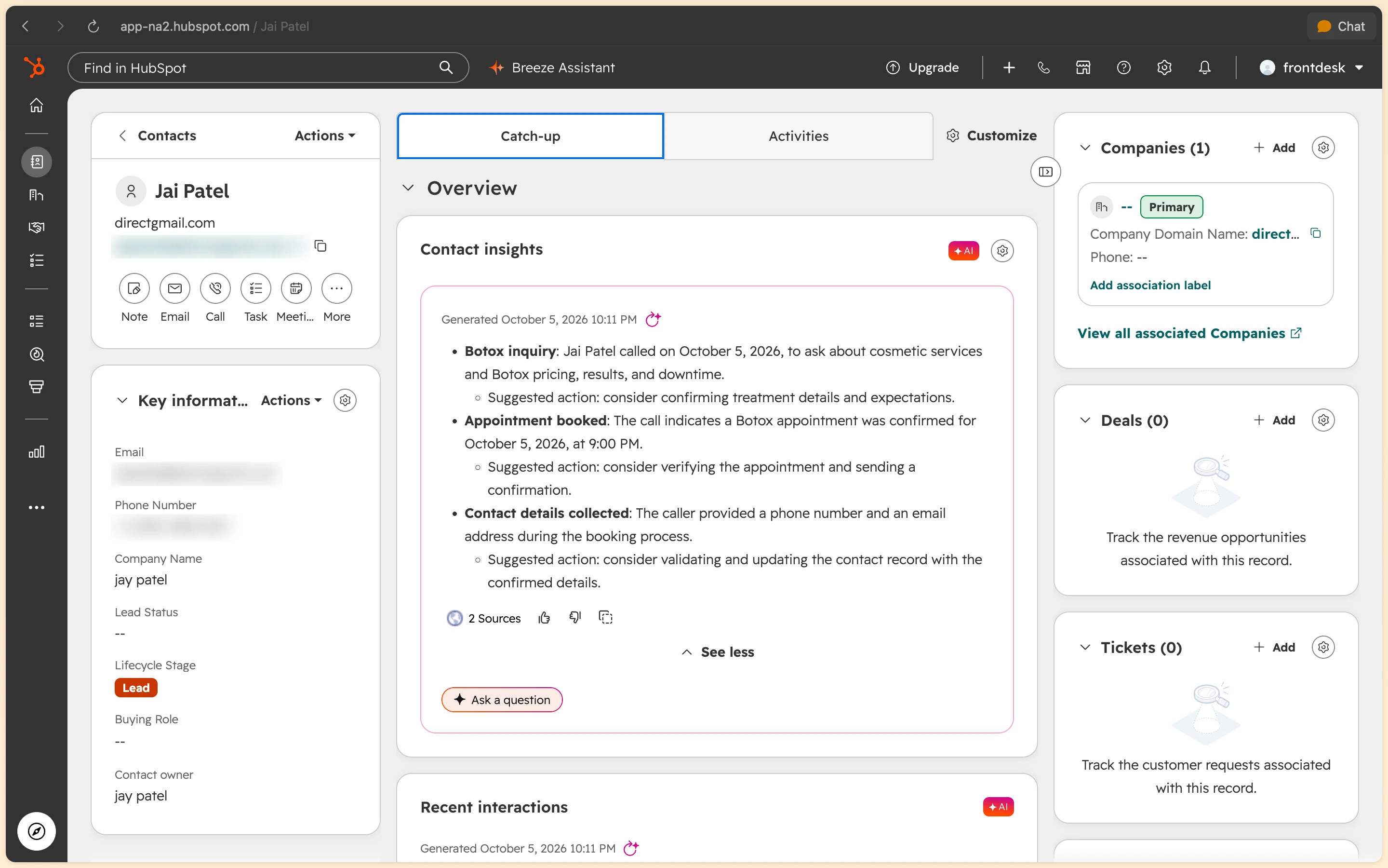 HubSpot AI contact insights panel summarizing patient treatment interest and booked appointment details