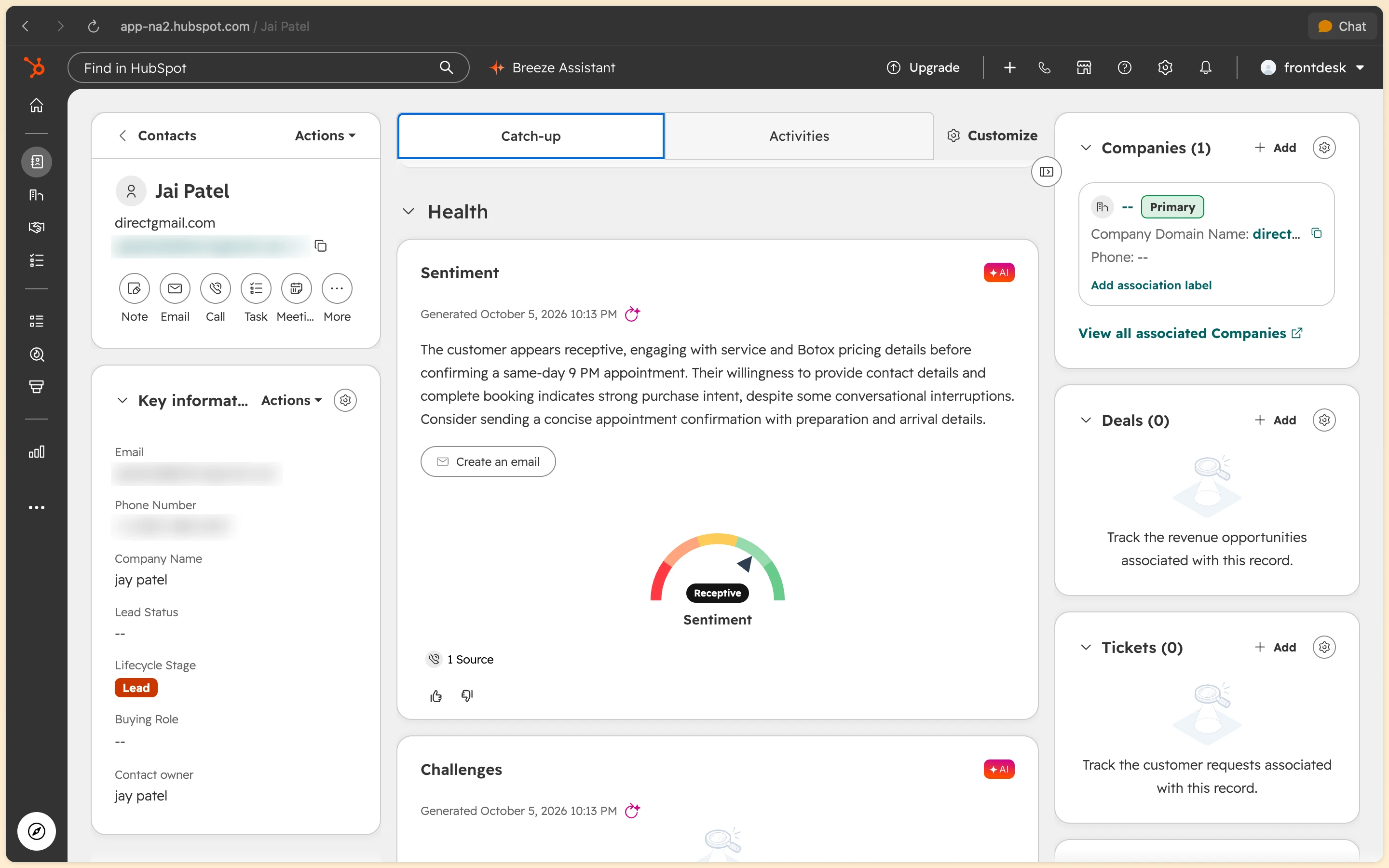 HubSpot sentiment analysis panel classifying clinic caller mood as receptive