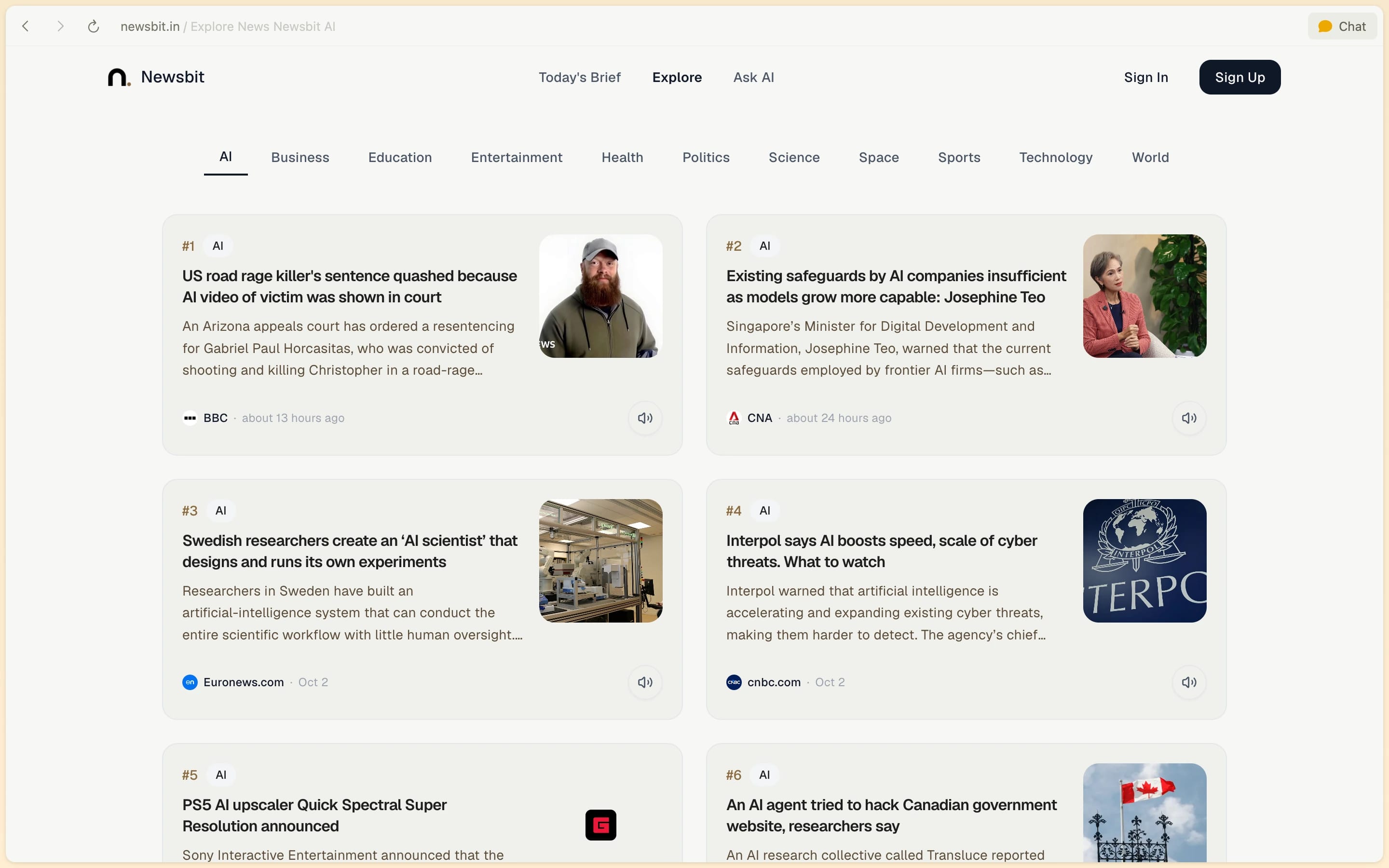 Newsbit Explore topics screen filtering ranked news articles across AI, Tech, and World tabs