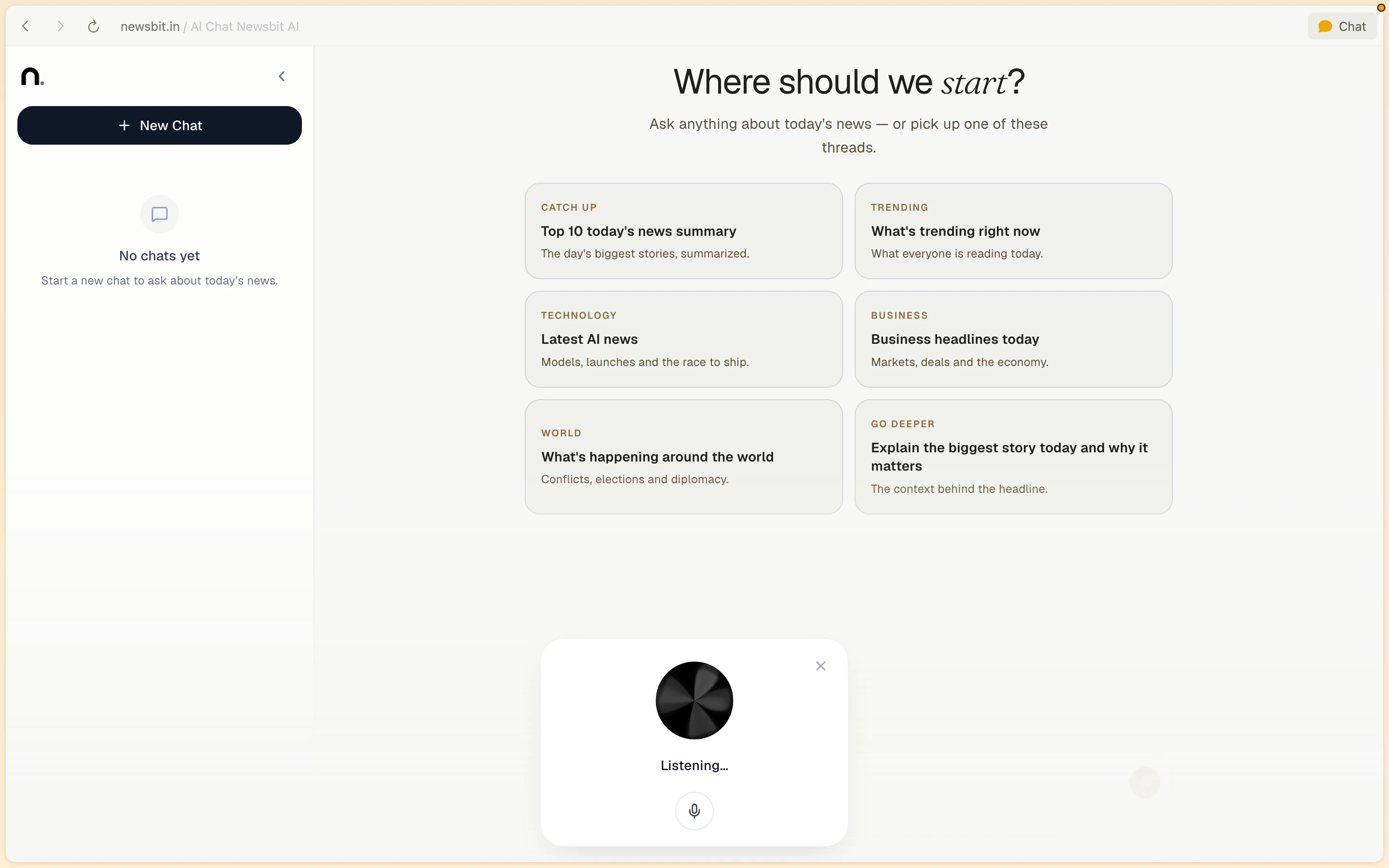 Newsbit interactive voice mode interface listening for user's spoken news query