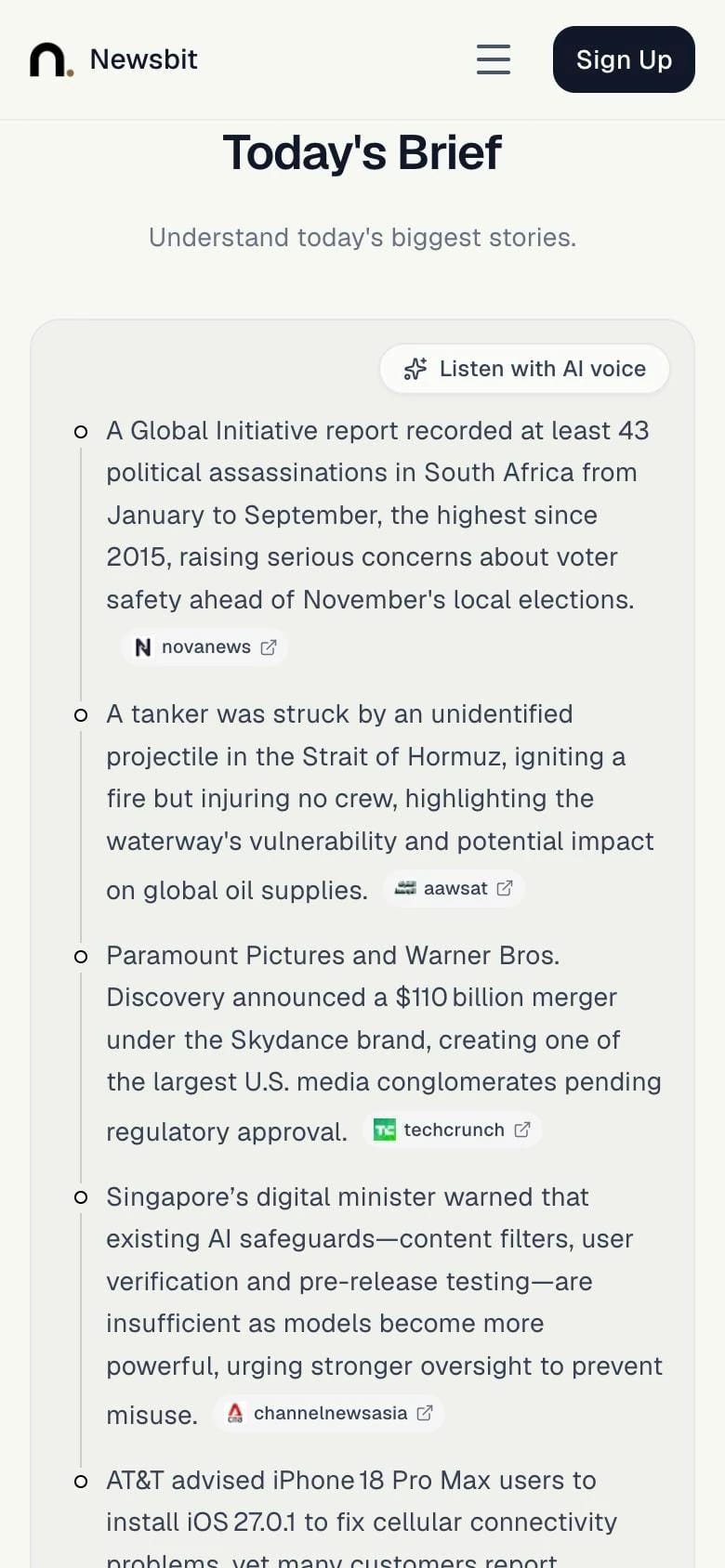 Newsbit Today's Brief mobile view with bullet summaries and clickable source attribution tags