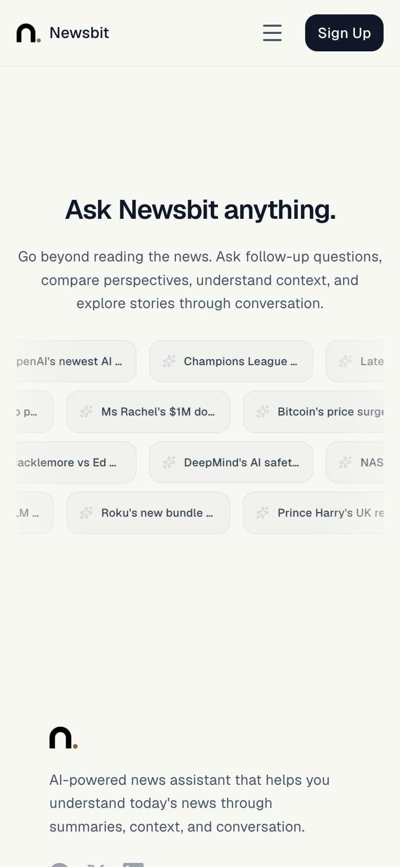 Newsbit Ask Newsbit anything mobile view with topic prompt suggestion pills