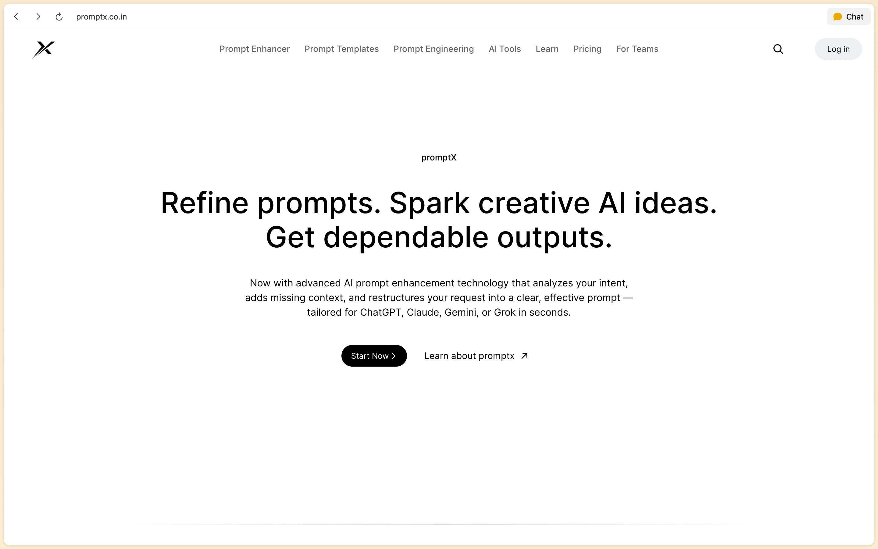 PromptX browser landing page featuring Refine prompts headline and AI optimization features