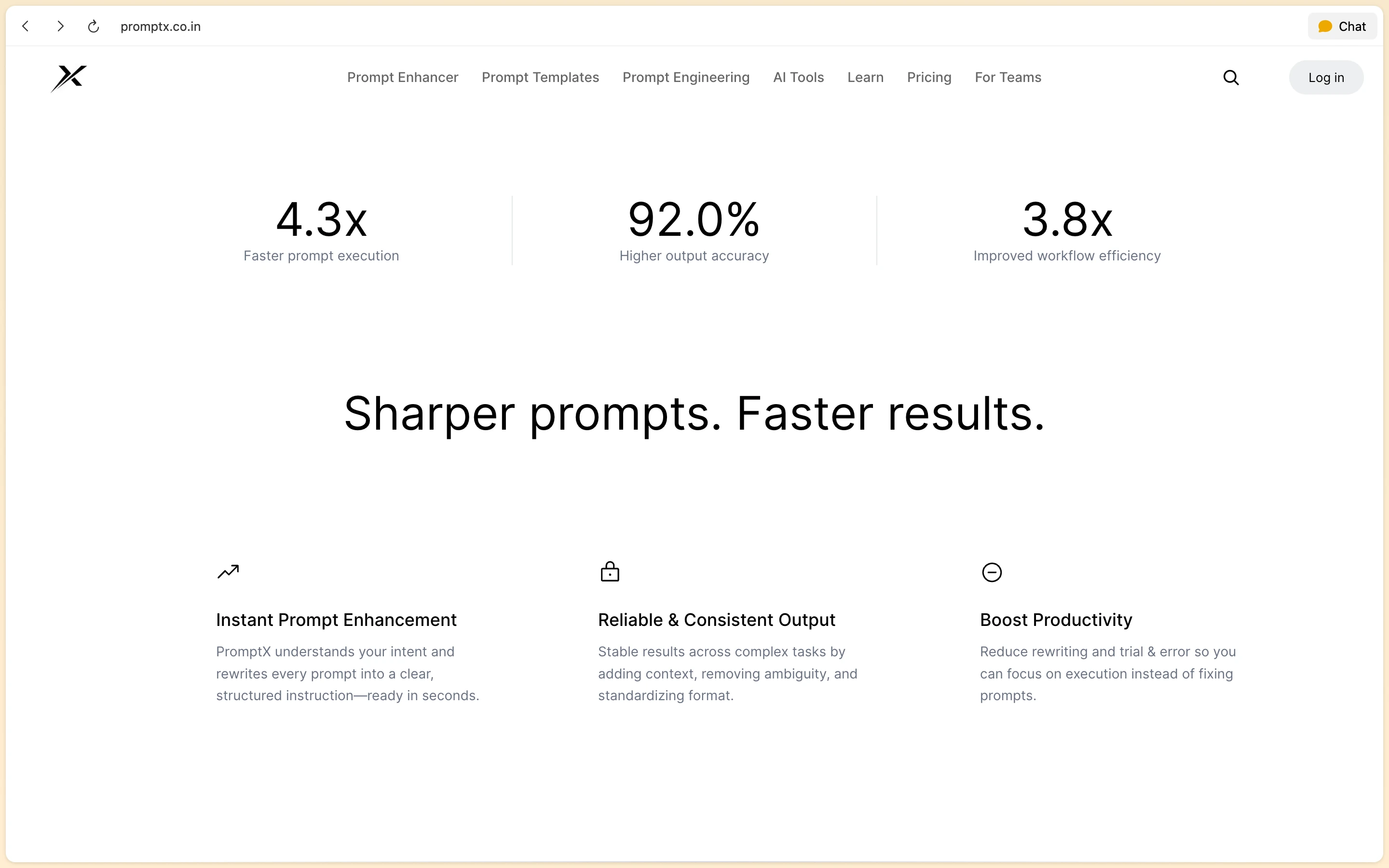 PromptX feature highlights section showcasing prompt refinement, creativity, and speed benefits
