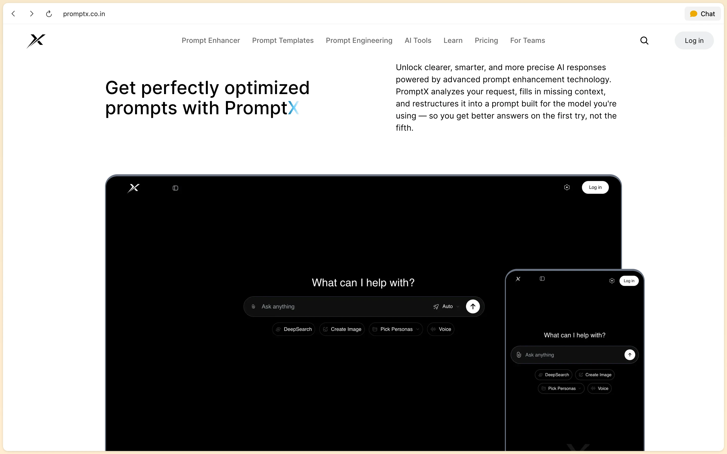 PromptX multi-device preview demonstrating responsive chat interface across desktop and mobile