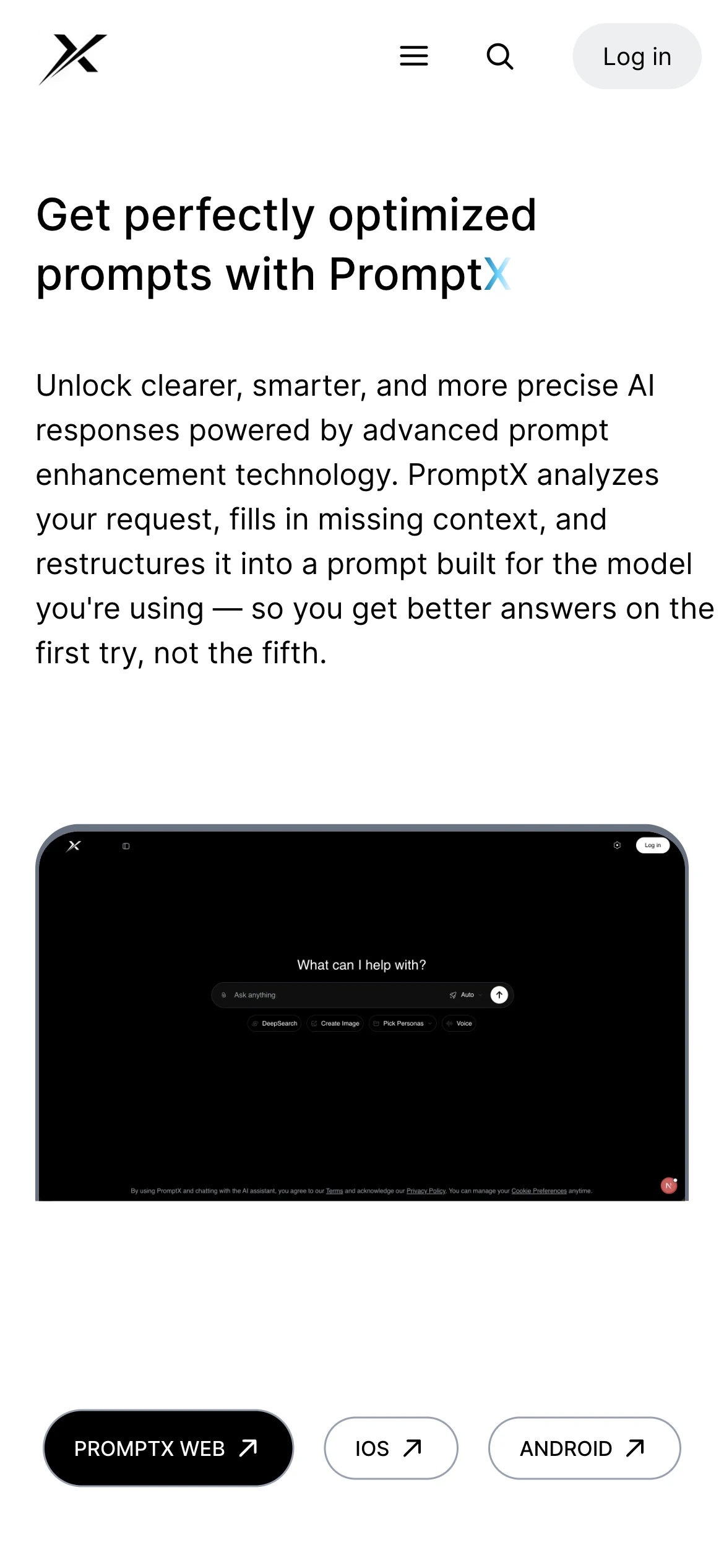 PromptX mobile chat preview section with download links for web, iOS, and Android platforms
