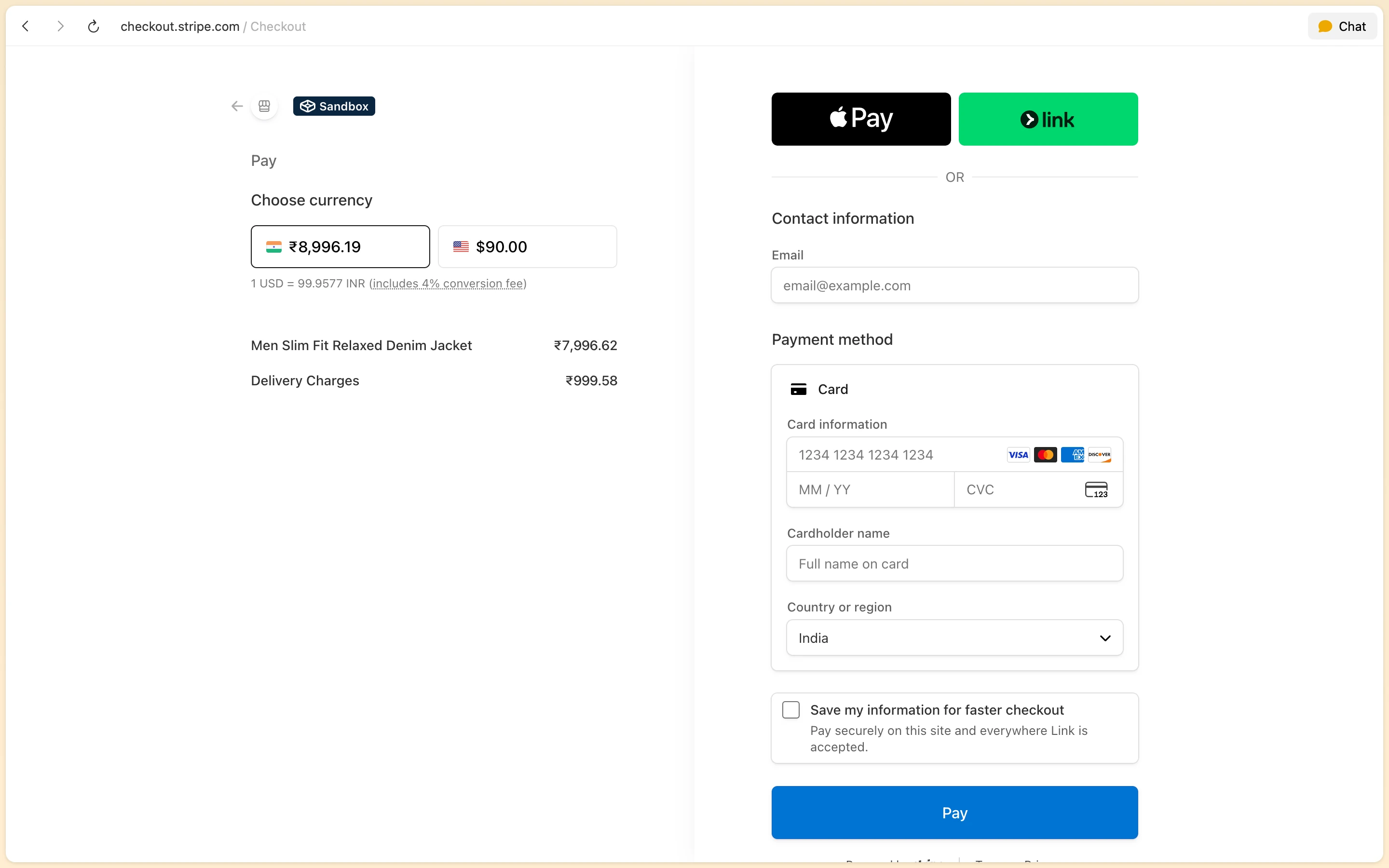 Stripe Checkout sandbox payment page for StyleNest order with card entry and currency selection