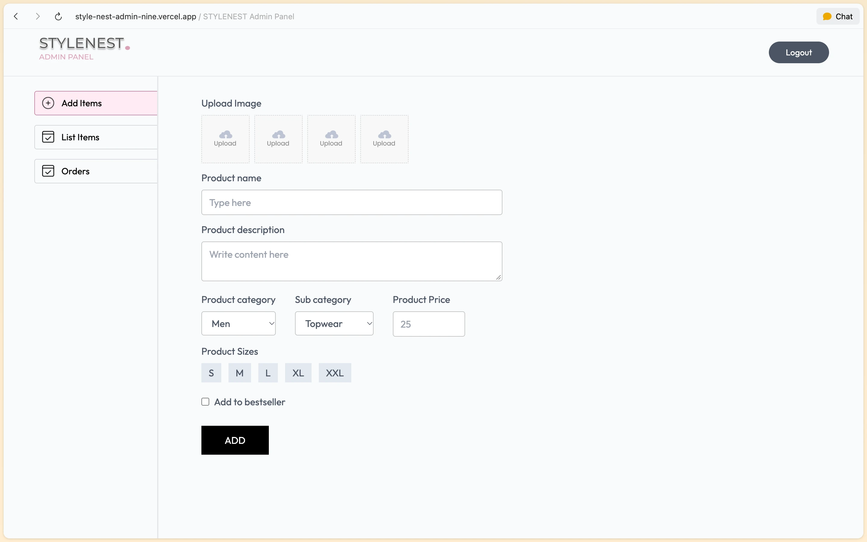 StyleNest admin panel product creation form with image uploaders, category fields, and pricing