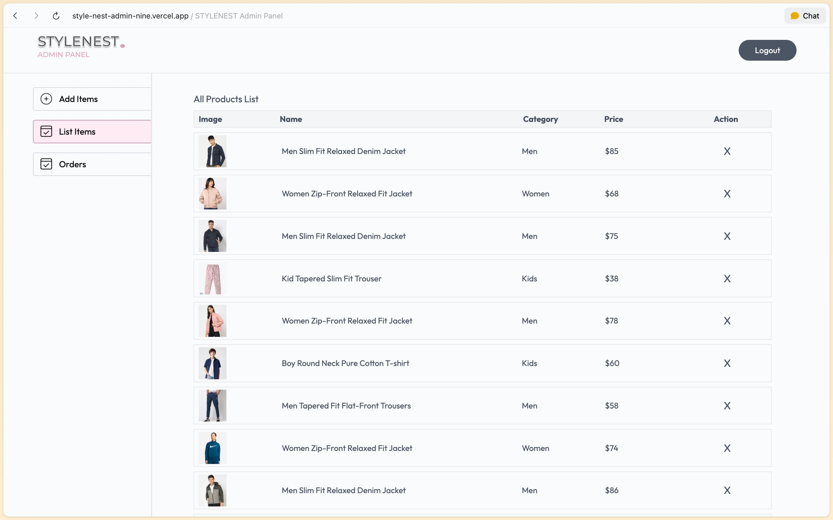 StyleNest admin catalog management table displaying inventory items, prices, and edit actions
