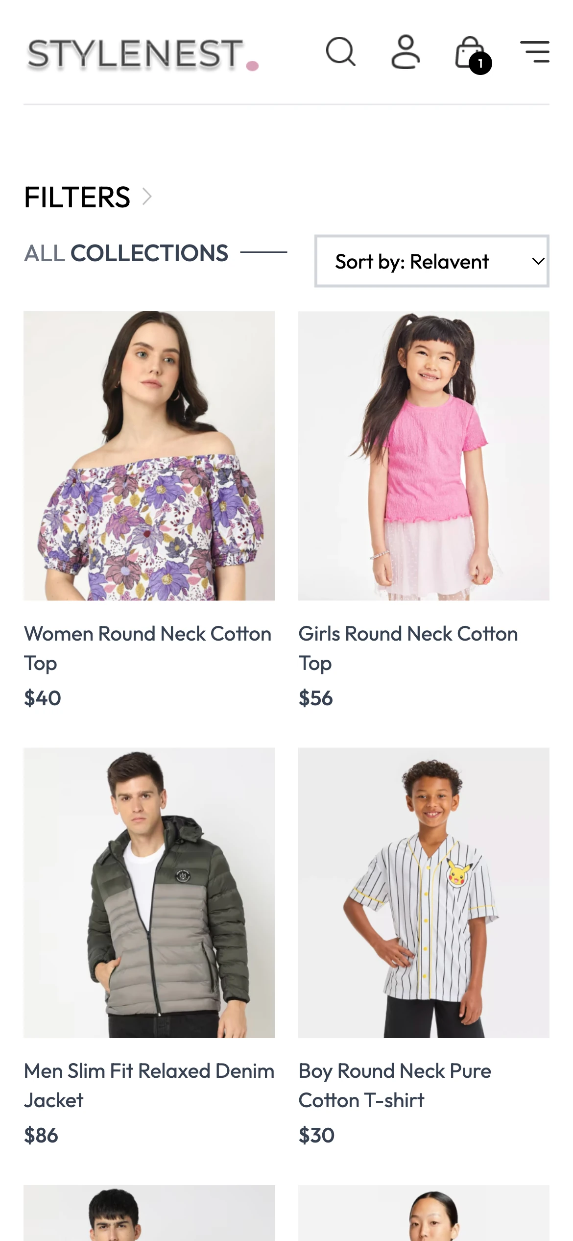 StyleNest mobile collections page with filter button, sort dropdown, and clothing catalog grid