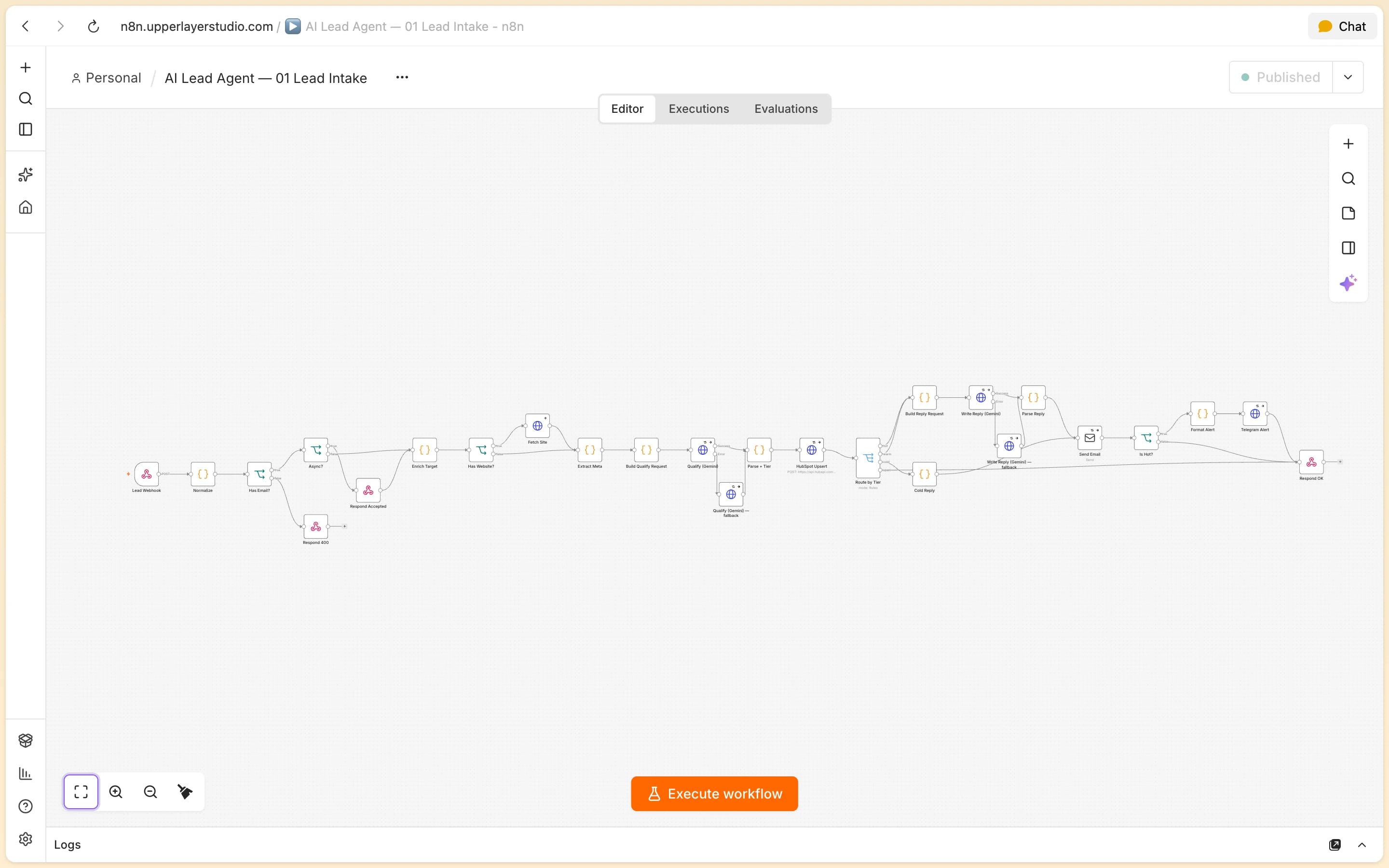 n8n Lead Intake pipeline: website enrichment, Gemini lead scoring, HubSpot sync, and Telegram alerts