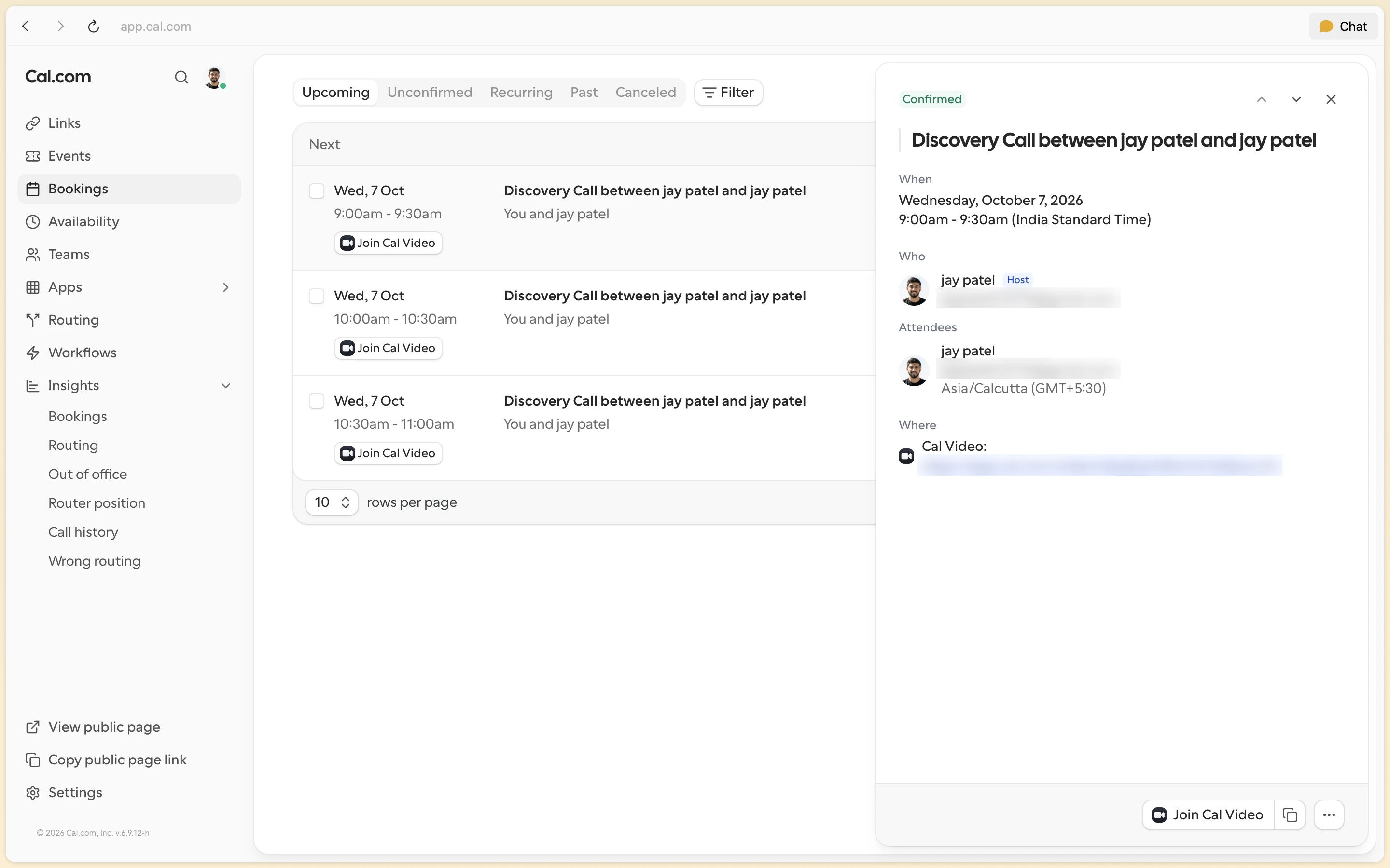 Cal.com scheduling confirmation screen for a 30-minute discovery call booked from sales inquiry