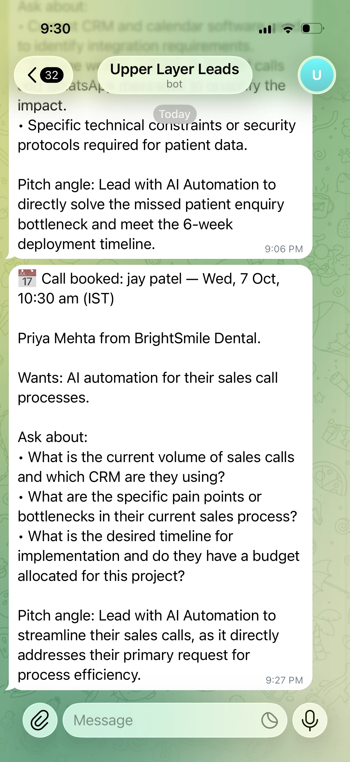 Telegram booked meeting brief outlining prospect call volume pain points, budget, and sales questions